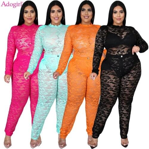 Adogirl L-4XL Plus Size Women Sheer Lace Two Piece Set Long Sleeve Bodysuit Top Button Fly Pencil Pants Fashion Sexy Club Suit