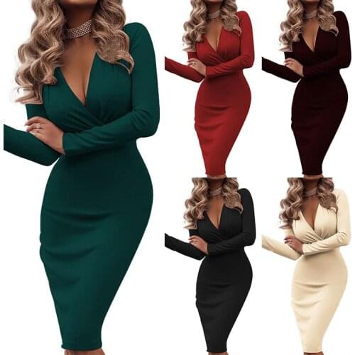 Sexy Deep V Neck Bodycon Dress Woman Long Sleeve Solid Pleated Lady Long Dress 2021 Home Office Slim Long Sleeve Women Clothing