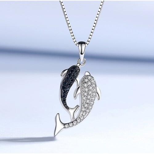 MENGYI Fashion Lovely Black&White Double Dolphin 9 2 5 Pendant Necklace Womens Simple Collarbone Necklace Party Jewelry Gift