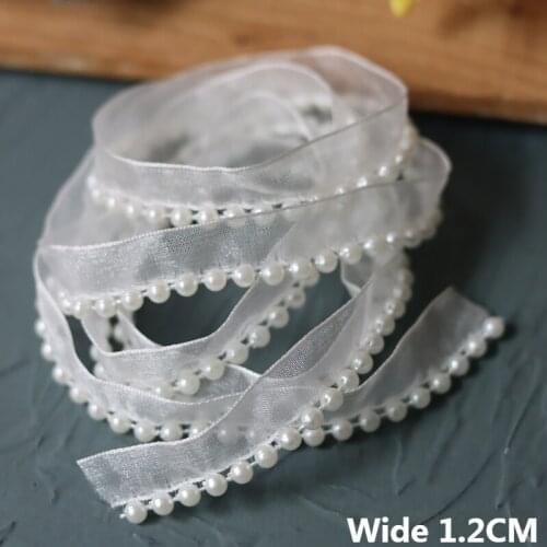 1.2CM Wide White Organza Hand-stitched Beads Lace Applique Collar Cuffs Edge Trim Dress Apparel Headwear DIY Sewing Fringe Decor