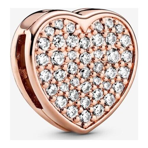 2020 New Valentines Series 100% 925 Silver Bead Rose Golden Pave Heart Clip Charm fit Original Pandora Bracelet Women DIY Jewlr