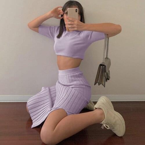 2020 Vintage Two Piece Set Solid Purple Bodycon 2 Piece Set Women Short Sleeve Top And Skirt Summer Autumn Sets outfit sets
