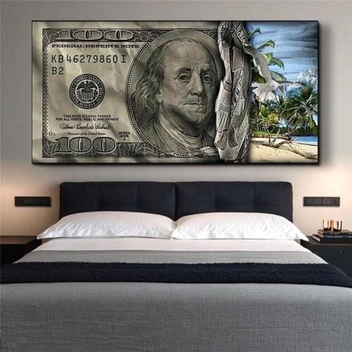 Abstract New Hundred Dollar Bill Vintage Beach Money Canvas Painting Posters and Prints Home Decor Dollar Poster for Living Room