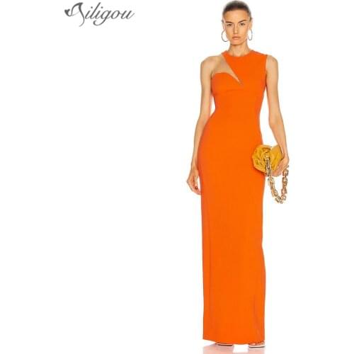 Ailigou 2021 New Summer Fashion Elegant Woman Bandage Dress Sexy Round Neck Sleeveless Tights Orange Long Celebrity Party Dress