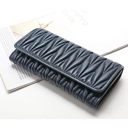 San Maries Long Womens Wallet Female Purses Ruffles Card Holder Wallets Luxury Sheepskin Genuine Leather Clutch Money Bag