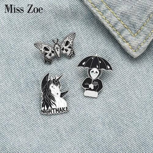 Nightmare Enamel Pin Custom Horse Umbrella Skeleton Butterfly Brooch Bag Clothes Lapel Pin Gothic Badge Jewelry Gift for Friends