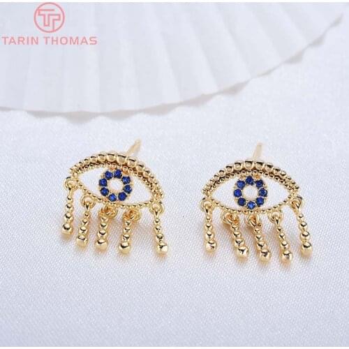4PCS 13x15MM 24K Gold Color Plated Brass with Zircon Eye Tassel Stud Earrings High Quality DIY Jewelry Making Findings