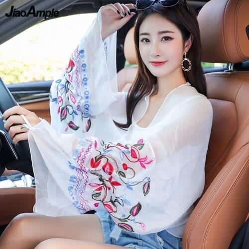 Summer Thin Chiffon Sunscreen Shawls for Women Korean Graceful Embroidery Flower Cycling Driving Out Side UV-protection Scarf