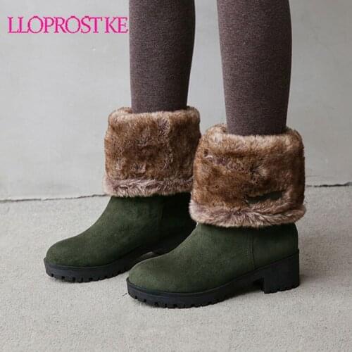 Lloprost ke 2020 Winter Hot Women Snow Boots Block Med Heels Thick Fur Plush Warm Ankle Boots Ladies Shoes Black Green Plus Size