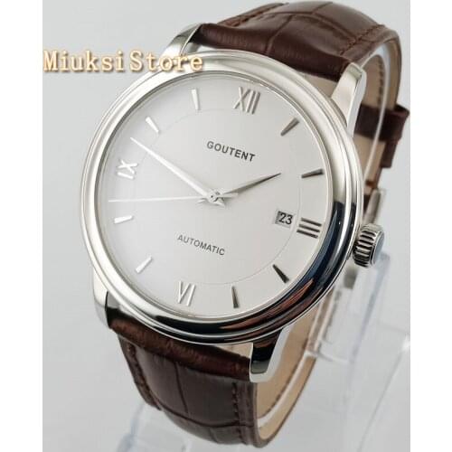 40mm Goutent white dial gold hands sapphire glass date automatic fashion simple mens mechanical watch 2835