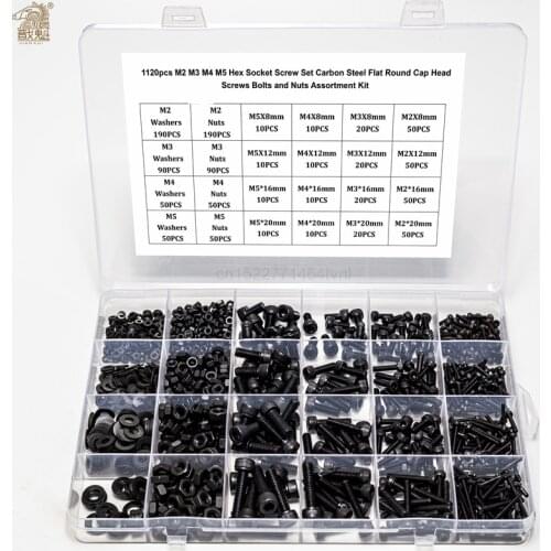 1120pcs M2 M3 M4 M5 Hex Socket Screw Set Carbon Steel Flat Round Cap Head Screws Bolts and Nuts Assortment Kit with Storage Box