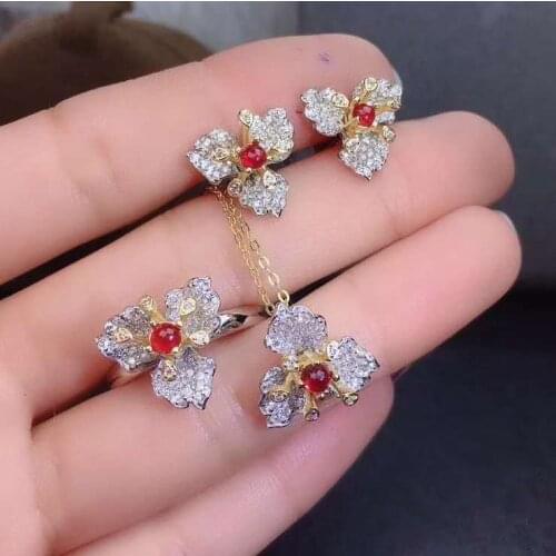 Real Natural Ruby jewelry set Natural Real Ruby 925 sterling silver 1pc pendant,1pc ring,2pcs Earring