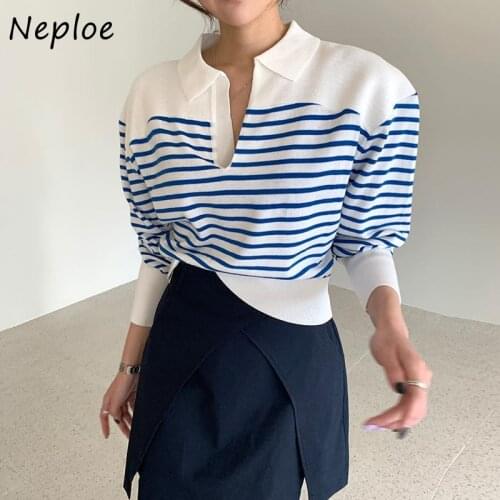 Neploe 2021 Panelled Striped Turn-down Collar Knitted Pullover Chic Autumn All-match Sweater Puff Sleeve Simple Tops Women