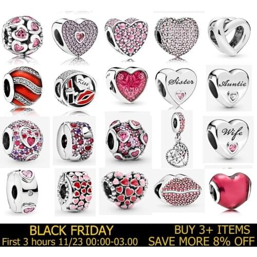 New 925 Sterling Silver Dazzling Pink Lips Heart Zirconia Beads Fit Original Pandora Charms Bracelet Bead Jewelry Making DIY