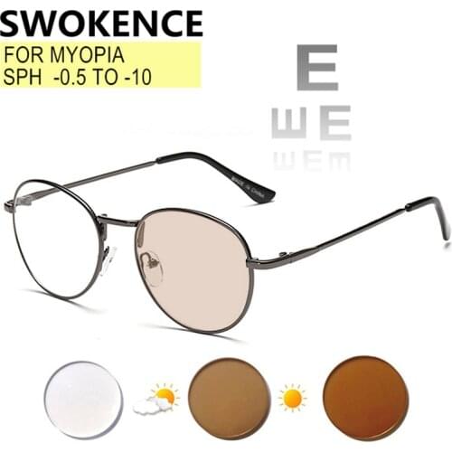 SWOKENCE Blue Light Proof Photochromic Prescription Glasses Myopia -0.5 to -10 Women Men Round Frame Shortsighted Cylinder F514