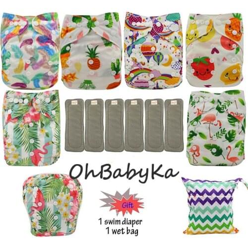 Ohbabyka 6pcs Diapers Washable Cloth Diapers Baby Pocket Diaper Reusable Nappies Cover 6pcs Bamboo Charcoal Insert Dropshipping