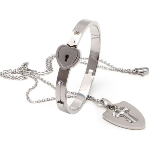 Couple Titanium Steel Lock Bangle Bracelet & Key Pendant Necklace Love Sets Gift