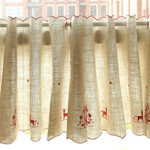 Pastoral Shade Kitchen Curtains Deer Embroideried Coffee Shop Half Curtain Door Cortina Short Panel Drapes Valance for Christmas