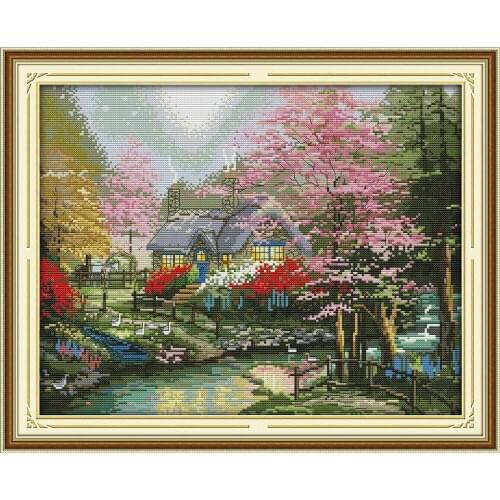 The Stream Side Cottage Scenery Needlework,Cross stitch kits,11CT 14CT For Embroidery Art Crafts Accurate Print,DIY Handmade