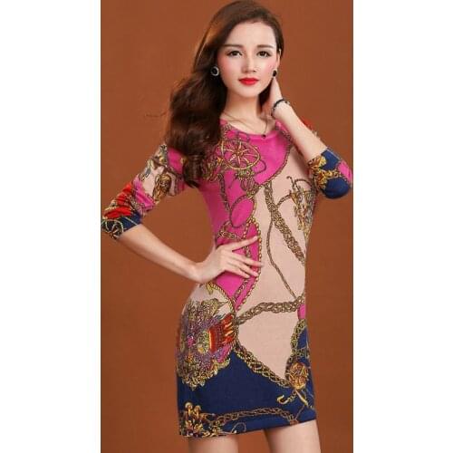 Long sleeve Silk Dress For Women Plus Size Clothing Vintage Print Ladies Sexy Mini T Shirt Dresses Female 2020 Rose red