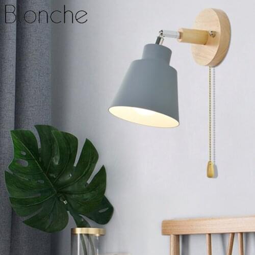 Modern Wooden Wall Lamp Bedroom Corridor Bedside Lamp Indoor 4 Color Decorative Lamps with Zip Switch That Can Rotate Freely E27