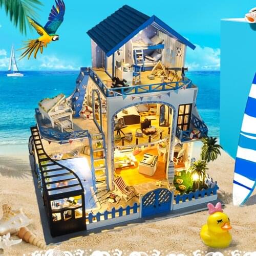 LED Light DIY Wooden Miniature DollHouse Aegean Sea Dream House w/ Furniture Kit New Year Festival Gift