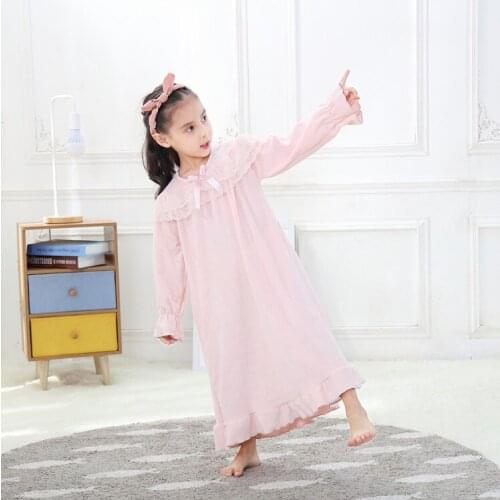 Spring Girls Nightgown Pink Flannel Long Night Dress for Girls European Loose Soft Kids Sleepwear Lace Homewear Pajamas