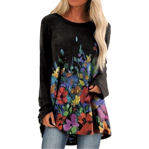 New Fashion Long Sleeve Women Tops Boho Flower Print Autumn O-Neck Long Type Casual Black Blouse Tunic Tops Pullovers