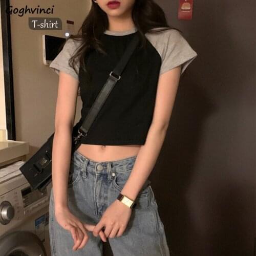 Women Short Sleeve T-shirts Patchwork Midriff-baring Casual Summer O-neck Fashion Korean Style Slim Sexy Cropped High Elasticity