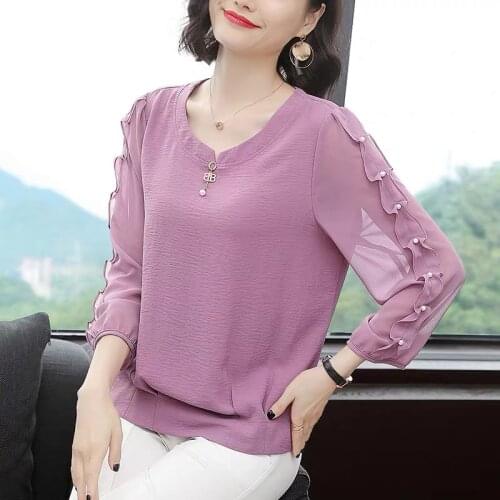 Womens Spring Autumn Style Chiffon Shirt Womens Ruffles O-neck Solid Color Long Sleeve Elegant Korean Tops DD8422