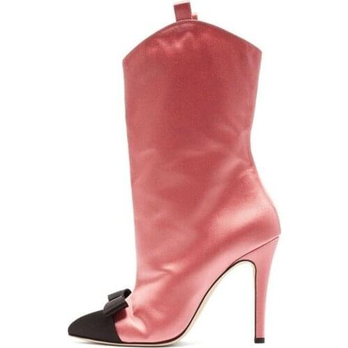 Women Bowknot Stilettos High Heels Rhinestone Ankle Boots Pointy Toe Party Shoes Satin Silk 3Colors Plus Size 34-46