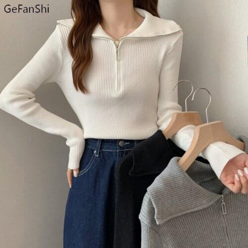 Woman Sweaters Autumn Winter Zipper Turn-down Collar Knitted Top Sweater Womens Clothing Sexy Bastic Pullover Sweater Black