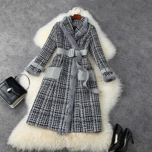 2020 winter women thick tweed long coat faux fox fur trim patchwork leather pockets elegant sashes fashion plaid warm jackets