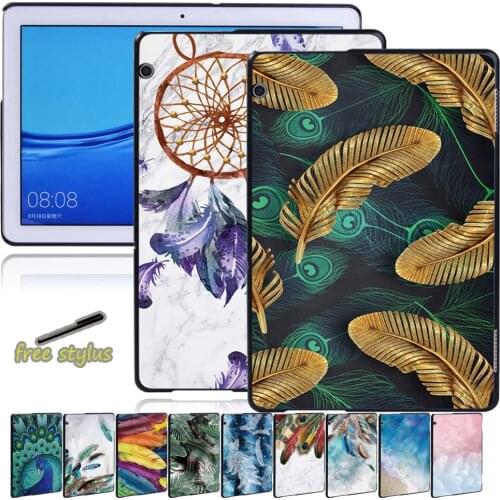 Tablet Hard Shell Case for Huawei MediaPad M5 Lite 8/T5 10 10.1"/T3 10 9.6"/T3 8.0 Anti-fall Feather Pattern Back Case + Stylus
