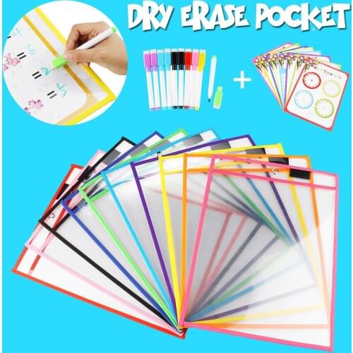 10/20/28pcs Reusable Transparent Dry Pocket With Pens Erasable Drawing Pockets Whiteboard Markers Kids Teaching Supplies