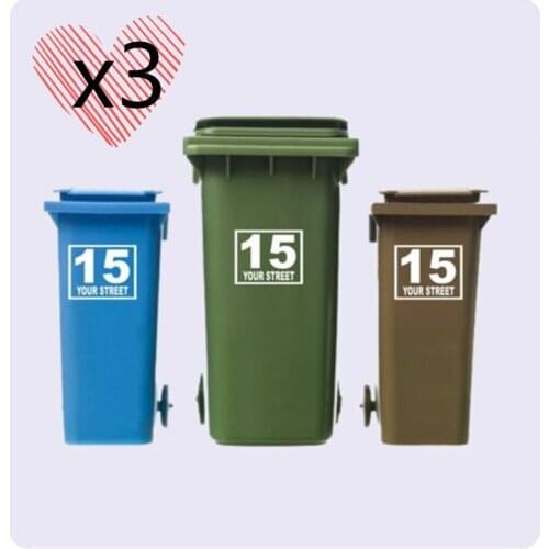 3 x WHEELIE BIN NUMBERS CUSTOMIZED VINYL STICKERS WITH STREET/ROAD/HOUSE NAME