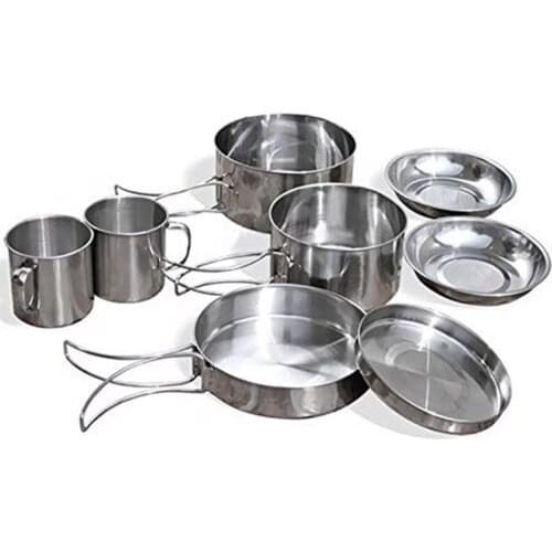 8Pcs/set Ultra-light Stainless Steel Outdoor Picnic Pot Pan Kit Outdoor Camping Hiking Mini Cookware Bowl Cup Cover Cooking Set