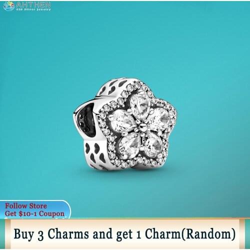 Ahthen 925 Sterling Silver Bead Silver Sparkling Snowflake Pavé Charm fit Original Pandora Bracelets Women Jewelry Making Gift