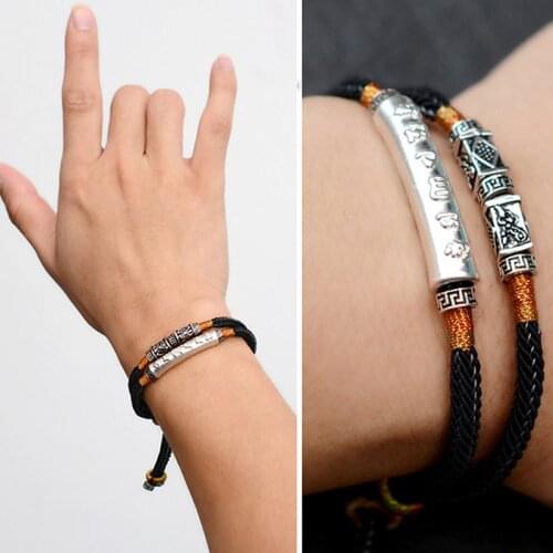 Handmade Braided Robe Bracelet For Men 999 Sterling Silver Om Mani Padme Hum Engraved Bend Charm Double Layers Lucky Rope Chain
