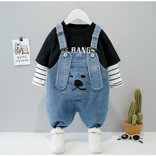 Childrens Clothing Suit Boys Baby Long-sleeved Clothes Denim Overalls Two-piece Boy Cartoon Suit Male Baby Clothing Autumn Kids