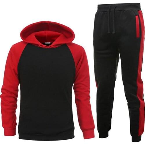 Men Autumn Long Sleeve Pocket Hoodie Pants Color Block Sports Tracksuit Outfit