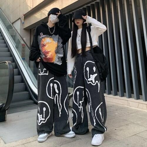 Streetwear Unisex Vintage Graffiti Denim Pants Jeans Adults Woman Man Loose FIt Casual High Waist Wide-leg Pants with Pockets