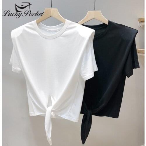 Women Summer Cotton Black Casual O-Neck T-Shirt Ladies Solid Color Bow Tops Female Fashion Loose White Short Sleeve Tees ML44