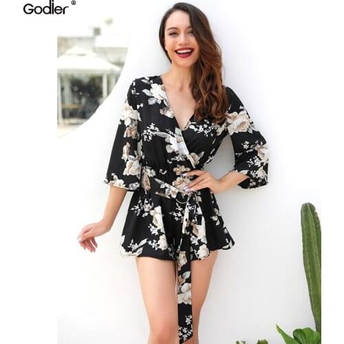 Godier Summer Bohemian Floral Print Ruffles Playsuits Casual V-Neck Jumpsuits Sexy Beach Girls Sashes Rompers