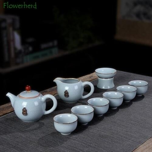 Ceramic Porcelain Tea Set Teaware Tea Cup Set of 6 Open Glaze Ruge Kiln Ice Crack Ceramic Kung Fu Tea Set Household Set