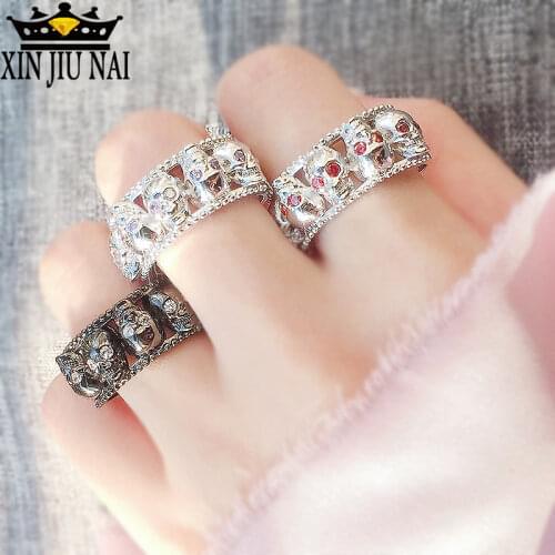 3colors 925Stelring Silver Rhinestone Skull Ring Womens Men Red Black Crystal Skeleton Shape Zircon Luxury Princess Women Ring