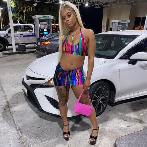 HAOYUAN Tie Dye Striped Two Piece Set Backless Crop Top Bodycon Sexy Mini Dress Summer Beachwear Outfits for Women Matching Sets