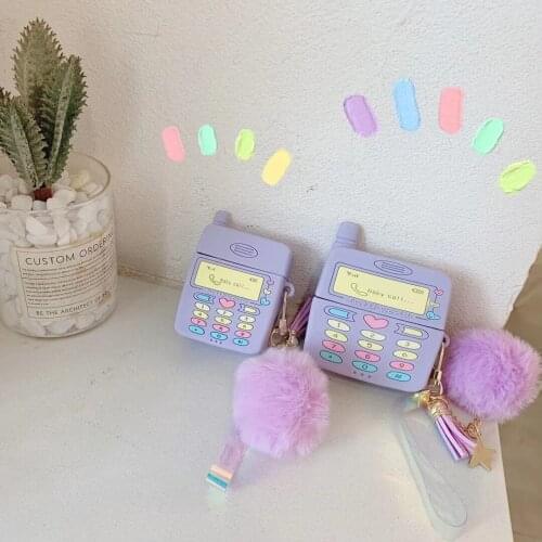 Hot Sale New 3D Purple Classic Mobile Phone Design Earphone Case with Furball for Airpods Pro Cute Cartoon Cover for Airpods 1/2