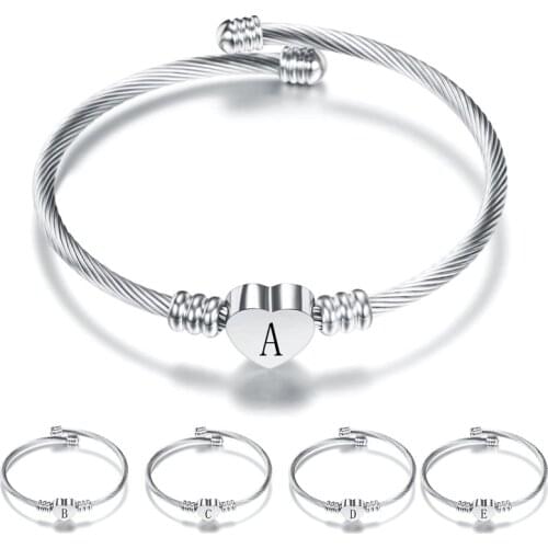 Modyle Silver Color Stainless Steel Heart Bracelet Bangle With Letter Fashion Initial Alphabet Charms Bracelets For Women