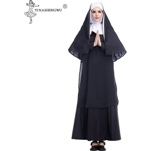 Nun Outfits For Women Adult Religious Pious Priest Costume Nun Christian Missionary Fancy Dress Black Halloween Party Costume